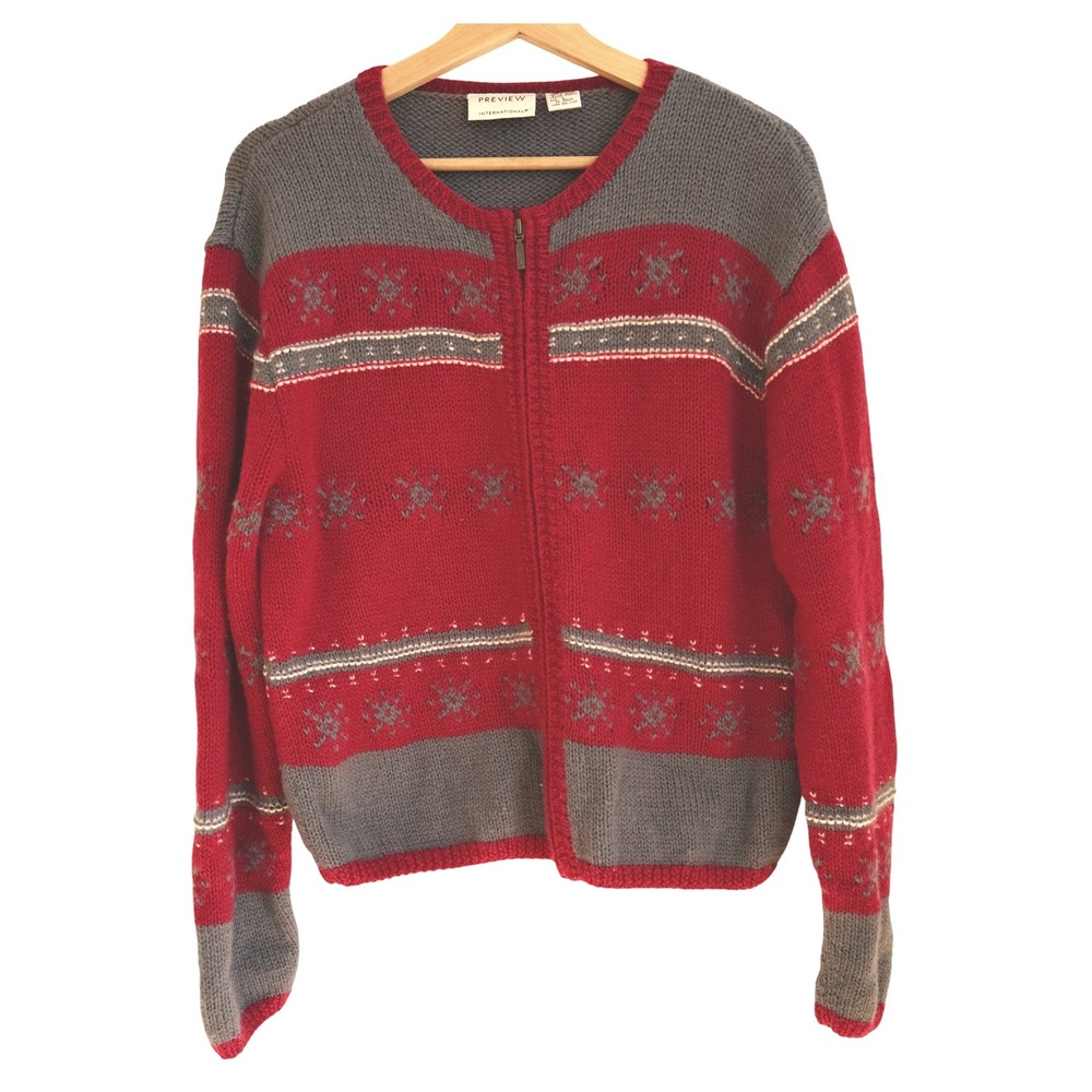 VTG Preview International Wool Snowflake Cardigan L Red Gray Zip Ski Lodge Retro